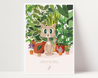 CAT AND JUNGLE - Affiche plante A5 - illustration végétale, botanique, plants, décoration, chat, art, carte fleur, poster, jungle paper