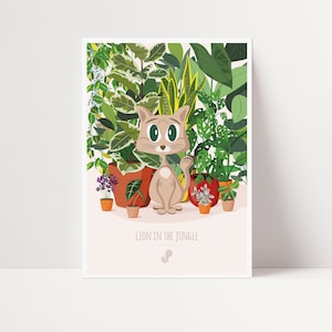 CAT AND JUNGLE Affiche plante A5 illustration végétale, botanique, plants, décoration, chat, art, carte fleur, poster, jungle paper image 1