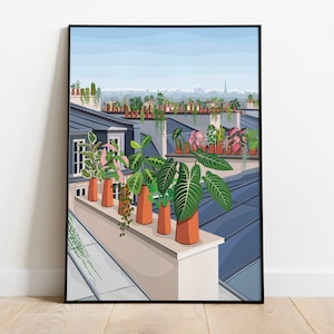 Peut inclure: Une illustration colorée d'un toit parisien avec des plantes en pot et une vue sur les toits de la ville. Les plantes sont dans des pots en terre cuite et sont disposées en rangée le long du bord du toit. Les toits de la ville sont en arrière-plan et comprennent un immeuble haut avec une flèche pointue.