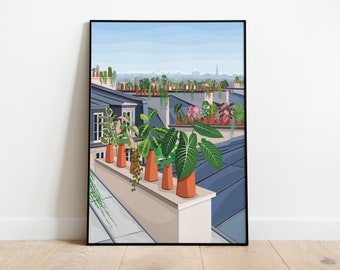 ROOFS OF PARIS - A3/A4 plant poster - plant illustration, Paris Rooftops, botany, decoration, art, print, Parisian, boho, vintage