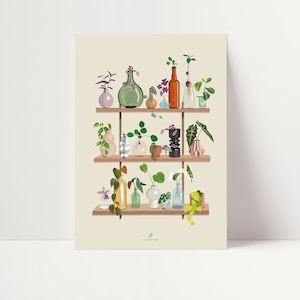 May include: A three-tiered wooden shelf with a variety of plants and flowers in glass and ceramic containers. The shelf is against a light beige wall.