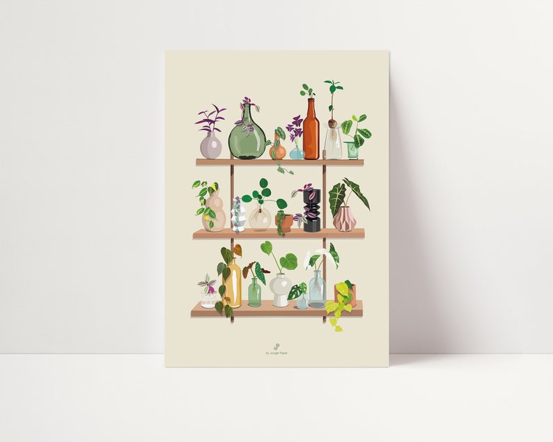 May include: A three-tiered wooden shelf with a variety of plants and flowers in glass and ceramic containers. The shelf is against a light beige wall.