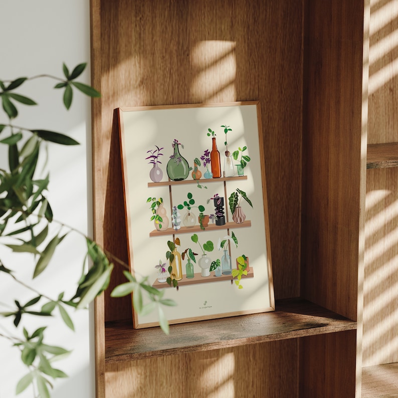 May include: A print of a shelf with various plants and bottles in different colors and shapes. The shelf is made of wood and has two levels. The print is on a white background.
