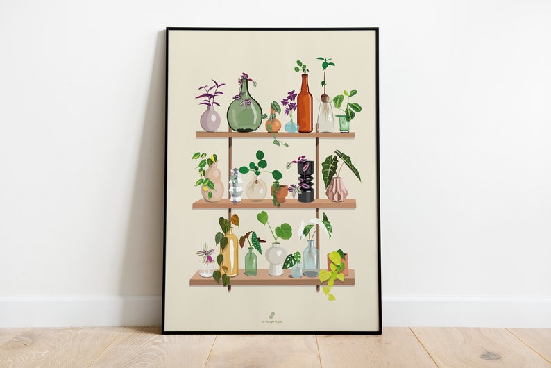 May include: A framed illustration of a three-tiered shelf with various plants and flowers in different colored glass bottles and vases. The shelf is against a light beige background.