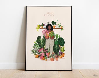 PLANT LADY "More plants please" #2 - Personalized A3/A4 poster - plant illustration, botany, decoration, art, print, portrait