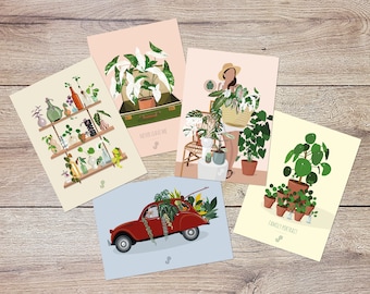 LOT 5 CARTES POSTALES - Format A6 - Affiche plante, illustration végétale, botanique, plants, décoration, art, carte vintage, jungle paper
