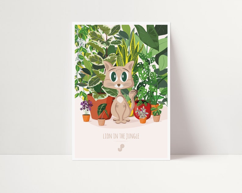 CAT AND JUNGLE Affiche plante A5 illustration végétale, botanique, plants, décoration, chat, art, carte fleur, poster, jungle paper image 1