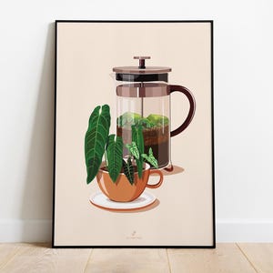 CAFFÈ E PIANTE - Poster del caffè A3/A4 - illustrazione di piante, botanica, piante, decorazione, arte, stampa, poster, carta giungla, boho