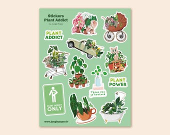 "PLANT ADDICT" STICKERS (set of 12 stickers) for plant lovers, jungle paper, personalized sticker, plant lover, art