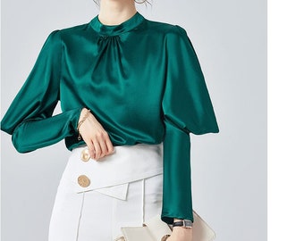 Kewsilk| Mulberry silk button shirt/silk blouse/ Lantern sleeve shirt/long sleeves office shirt/long button bat sleeves shirt/ Vintage style
