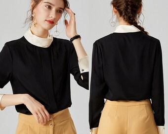 Kewsilk|100% Real Mulberry silk shirt/silk blouse/ Lantern sleeve shirt/ long sleeves office shirt/ Classic collar blouse/working outfit