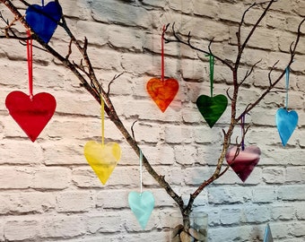 Hand Cut Hearts Fused Glass Decoration Sun Catcher coloured red, red, yellow, green, aquamarine, turquoise, blue, pink/purple