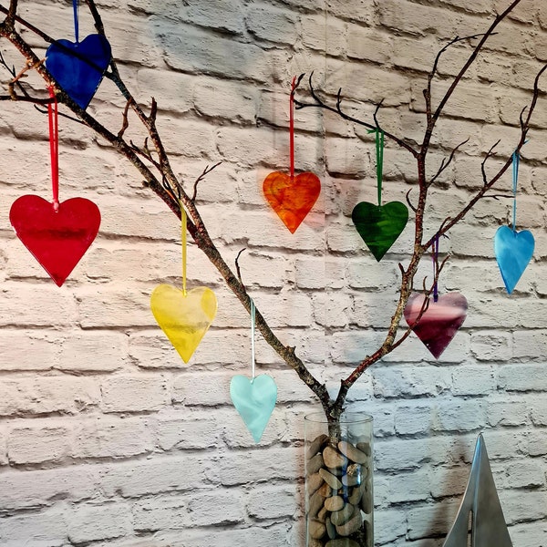 Hand Cut Hearts Fused Glass Decoration Sun Catcher coloured red, red, yellow, green, aquamarine, turquoise, blue, pink/purple