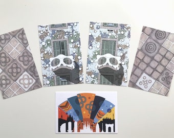 Postcard set nº 5 Barcelona | 5 miniprints 4x6” | postales 10x15cm Travel gift Home decor Barcelona art print Art nouveau Tiles skyline