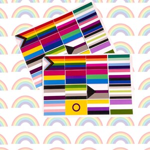 May include: Two sheets of stickers featuring various pride flags, including the transgender, lesbian, gay, bisexual, pansexual, asexual, intersex, and non-binary flags. The stickers are printed on white paper and have a glossy finish.