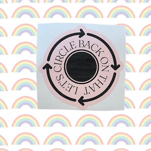 May include: Pink circle sticker with black text that reads "Let's Circle Back On That". The text is in a circular pattern with arrows pointing in a clockwise direction.