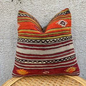 Cojín Kilim naranja y verde, cojín decorativo, alfombra Kilim, decoración del hogar, 40 x 40 cm