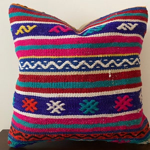 Pink-Blue Kilim pillow 16x16 kilim pillow,decorative throw pillow,bohemian carpet pillow. kilim rug,home decor