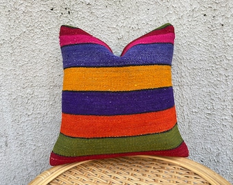 Striped Kilim Pillow, Turkish Kilim Pillow, Bohemian Kilim Pillow, Handmade , Sofa Aztec Pillow, Kilim Cushion Cover 16''X16''  40X40 cm