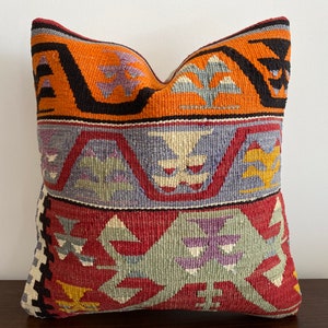 Perfect Orange-Brown Kilim pillow 16x16 kilim pillow,decorative throw pillow,bohemian pillow. kilim rug,home decor
