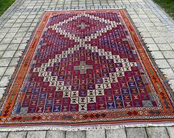 Alfombra kilim antigua, alfombra Kilim roja, alfombra kilim vintage, alfombra kilim tejida a mano, alfombra Anatolia, alfombra Kilim, kilim turco 82" x 132" (210 x 335 CM)