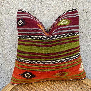Orange Green Kilim pillow, decorative throw pillow, bohemian carpet pillow, kilim rug, home decor  16&#39;&#39;x16&#39;&#39;  40x40 cm