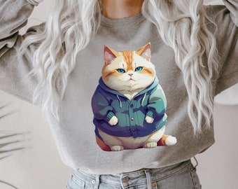 Fat Cat Cute Wearing a Sweater Funny, Sarcastic Sweet Kitten shirt, Pet Fat Cat Lover Owner, Lady Meow Meme Unisex Sweatshirt