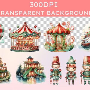 May include: A set of watercolor illustrations featuring a carousel, a candy shop, a snowman on a slide, a gingerbread house, and four nutcracker figurines. The illustrations are in a whimsical style and feature bright colors.