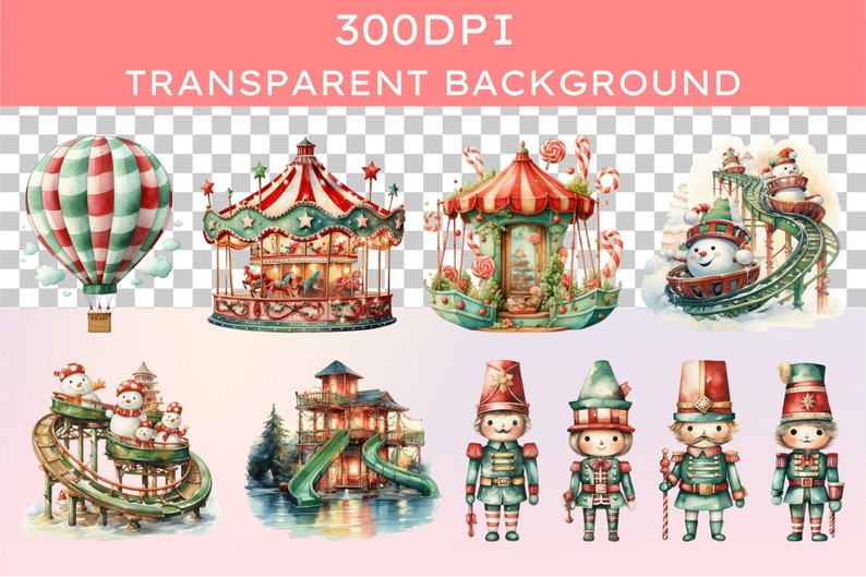 May include: A set of watercolor illustrations featuring a carousel, a candy shop, a snowman on a slide, a gingerbread house, and four nutcracker figurines. The illustrations are in a whimsical style and feature bright colors.