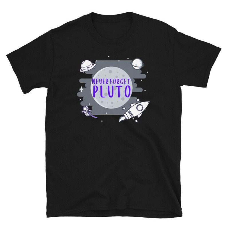May include: Black t-shirt with a white graphic of a cartoon astronaut, a rocket, a planet, and a UFO. The text "Never Forget Pluto" is written in purple.