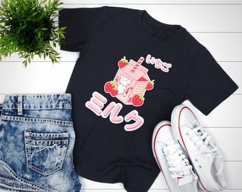 Różowe mleko Neko/mleko truskawkowe japońskie/słodki kot kawaii/anime otaku prezent koszulka
