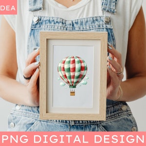 May include: A framed illustration of a red and green striped hot air balloon with white clouds and a basket. The balloon is floating in the air.