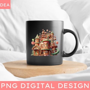 May include: A black mug with a colorful illustration of a gingerbread house with candy cane accents. The house is surrounded by green trees and a candy cane slide.
