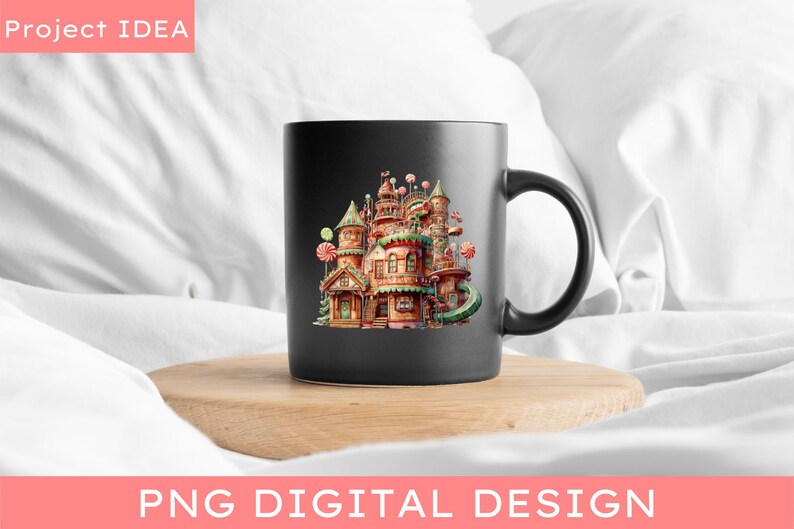 May include: A black mug with a colorful illustration of a gingerbread house with candy cane accents. The house is surrounded by green trees and a candy cane slide.