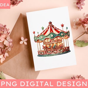 May include: A vintage-style carousel with red, white, and green stripes, gold accents, and a green roof. The carousel has a variety of animals, including horses, a lion, and a giraffe. The carousel is decorated with lights and stars.