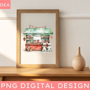 May include: A watercolor illustration of a red and white Christmas market stall with a green roof and a string of red and white flags. Two white polar bears stand in front of the stall.