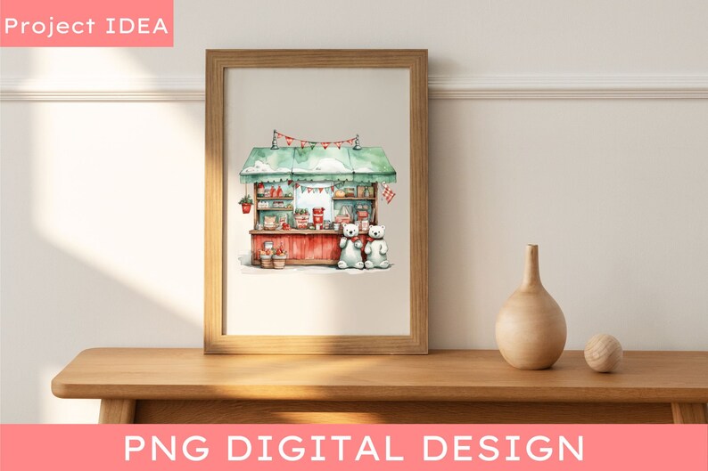May include: A watercolor illustration of a red and white Christmas market stall with a green roof and a string of red and white flags. Two white polar bears stand in front of the stall.
