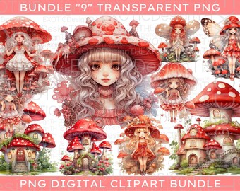 Watercolor Enchanted Mushroom Fairies clipart, House Fantasy Fairyland Cute, Forest Fairy PNG, Floral Little Fairies Sublimation Digital PNG