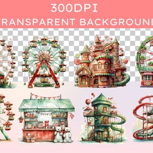 May include: A set of watercolor illustrations featuring a whimsical winter wonderland theme. The illustrations include a Ferris wheel, a candy cane-themed carousel, a gingerbread house, a candy shop, a tower with a slide, and a roller coaster.