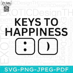 以下が含まれることがあります： 「Keys to Happiness」というテキストと、笑顔とウィンクしている顔の2つのアイコンが描かれた白黒のグラフィックデザイン。デザインは、「Exotic Design TH」というテキストがパターン状に繰り返されて囲まれています。