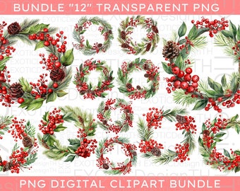 Watercolor Christmas Wreath Clipart PNG, Holly Berries Pinecones Boho, Greenery Border Winter, Merry Christmas PNG, Sublimation Digital PNG