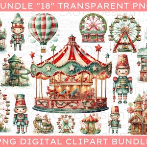 Aquarell Vergnügungspark Clipart, Zirkus Karneval Vergnügungspark, Weihnachtsthema Kinderzimmer, Riesenrad Messe Sublimation Digital PNG