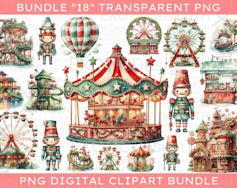 Watercolor Amusement Park Clipart, Circus Carnival Attraction park, Christmas Theme Kids Nursery, Ferris wheel Fair Sublimation Digital PNG