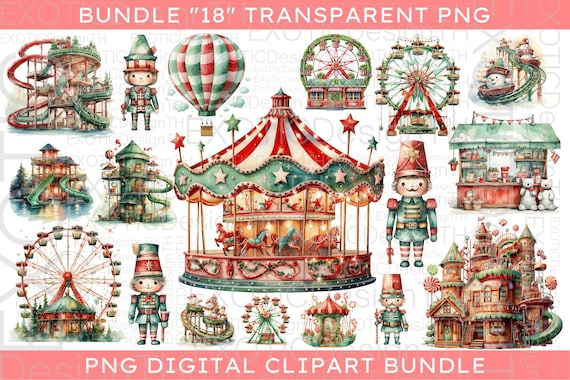 Watercolor Amusement Park Clipart, Circus Carnival Attraction park, Christmas Theme Kids Nursery, Ferris wheel Fair Sublimation Digital PNG