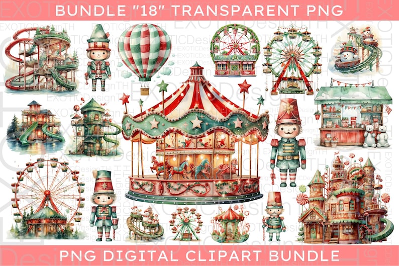 May include: A digital clipart bundle of 18 watercolor illustrations featuring a whimsical Christmas theme. The illustrations include a carousel, a Ferris wheel, a hot air balloon, a gingerbread house, a toy soldier, and a candy cane.