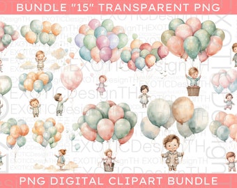 Watercolor Little Baby Floating with Balloons Clipart, Nursery Happy kid outdoor, Birthday Girl Boy, Sublimation Poster Stickers Digital PNG