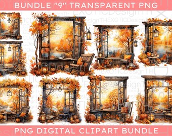 Watercolor Auntumn Windows Clipart, Fall Holiday Scenes, Card Making Seasonal, autumn leaves, Cozy Fall farmhouse, Sublimation Digital PNG