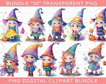 Watercolor Witch Gnome Clipart Bundle, Cute Magic Halloween Fantasy, Kawaii Witchy Magical, Pumpkins Handdrawn Kid, Sublimation Digital PNG