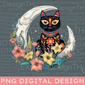 Cat Moon Sugar Skull, Mexican Dia De Los Muertos, Halloween Kitten, Luna Occult Kawaii Pastel, Goth Witchy Funny, Sublimation Digital PNG