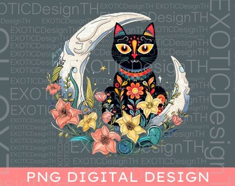 Cat Moon Sugar Skull, Mexican Dia De Los Muertos, Halloween Kitten, Luna Occult Kawaii Pastel, Goth Witchy Funny, Sublimation Digital PNG